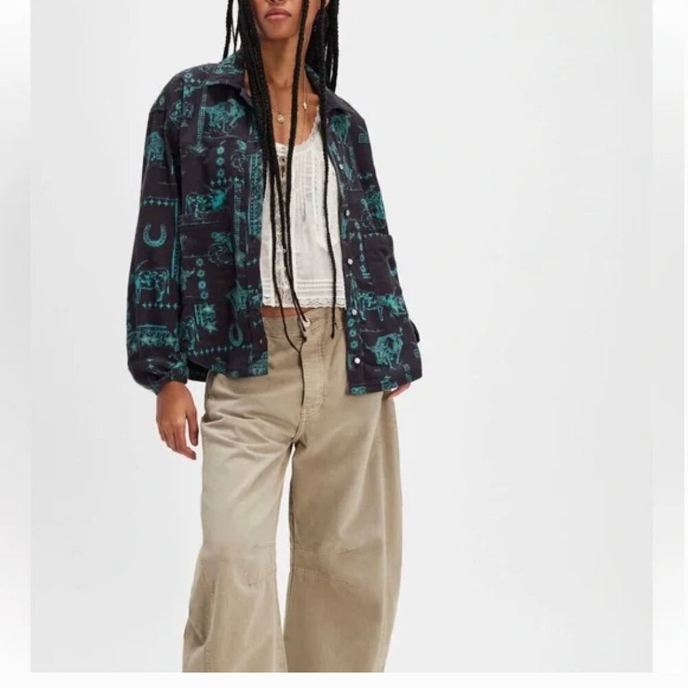 Free People "We the Free" Calico Western Print Flannel Shirt Charcoal Combo - Picture 5 of 9